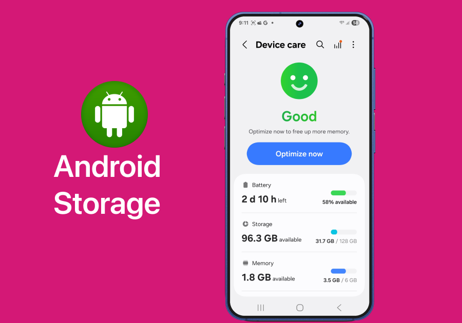 Android's Device Care screen with Optimize Button, Battery, Storage details and more